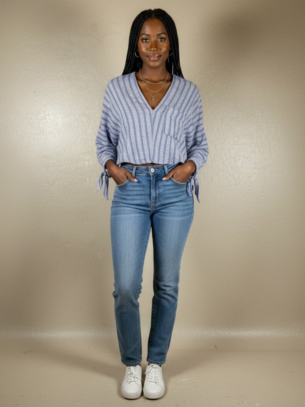 Free People Morning Striped Dolman Blue White Tie Sleeve Blouse